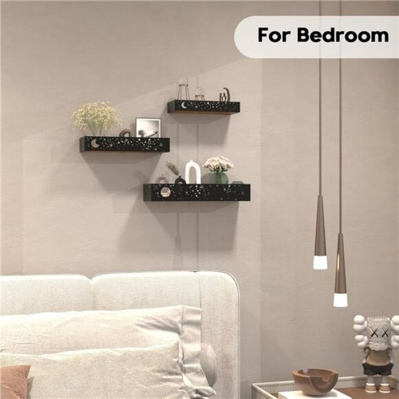 Moon and Stars Floating Wall Shelves Set of 3 Rustic Metal Wood Hanging Storage - Picture 6 of 7